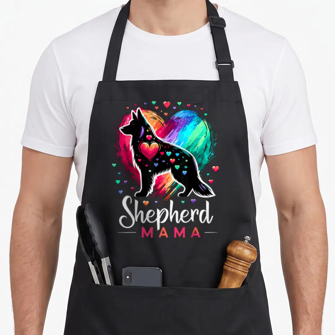 Colorful dog mom apron - Black dog silhouette over rainbow heart with Shepherd MAMA text — shown on a black cotton canvas apron against a white background