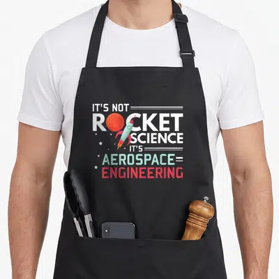 Aerospace engineering science apron - Cartoon rocket and planet overlapping white red and green text reading aerospace — shown on a black cotton canvas apron against a white background