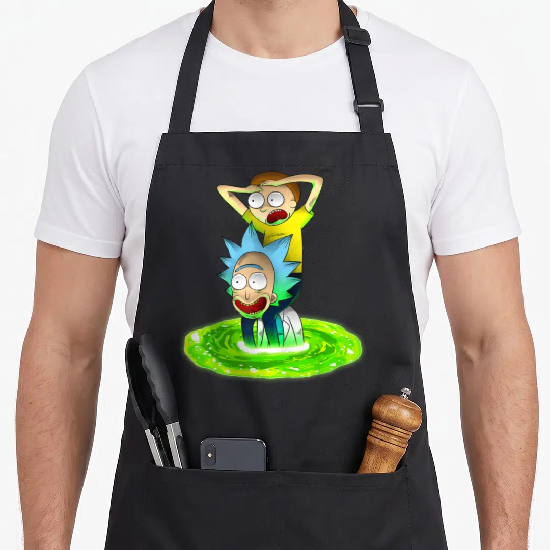 Seeking x apron - Rick emerging from neon green portal with Morty hands on head cartoon print — shown on a black cotton canvas apron against a white background
