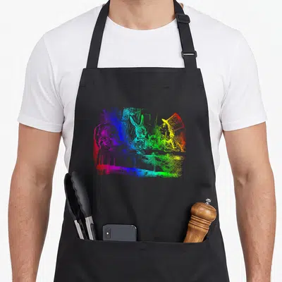 Rainbow tea party aprons - Rainbow gradient line art of Alice, Hatter, and Rabbit at a tea table — shown on a black cotton canvas apron against a white background