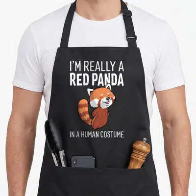 Panda human halloween apron - Red panda cartoon between I'M REALLY A RED PANDA IN A HUMAN COSTUME text — shown on a black cotton canvas apron against a white background