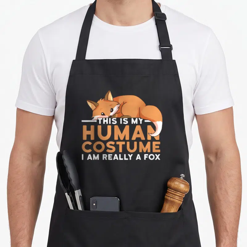 Human halloween apron - Orange cartoon fox lying over stacked text reading This Is My Human Costume I Am Really A Fox — shown on a black cotton canvas apron against a white background