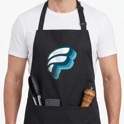 Dwindle funk apron - Abstract 3D shape in white, dark blue, and light blue with distressed texture — shown on a black cotton canvas apron against a white background