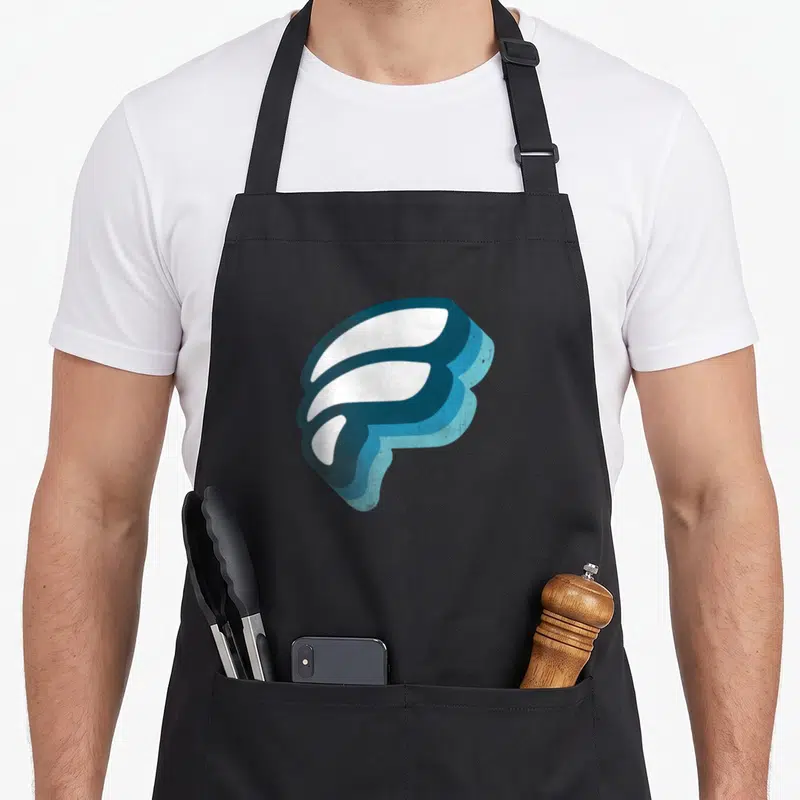 Dwindle funk apron - Abstract 3D shape in white, dark blue, and light blue with distressed texture — shown on a black cotton canvas apron against a white background