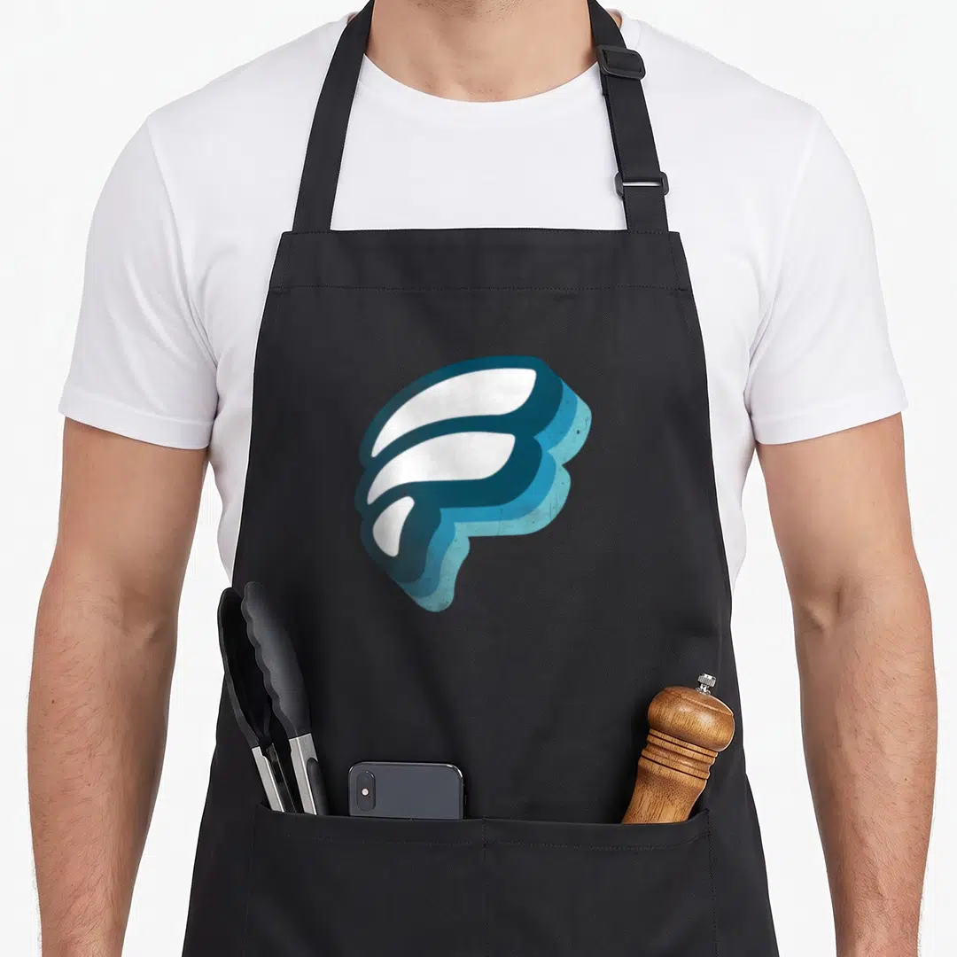 Dwindle funk apron - Abstract 3D shape in white, dark blue, and light blue with distressed texture — shown on a black cotton canvas apron against a white background