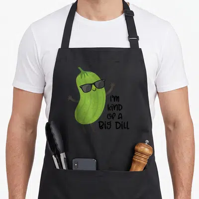 Kind dill apron - Cartoon green pickle with sunglasses beside stacked black text on grey background — shown on a black cotton canvas apron against a white background