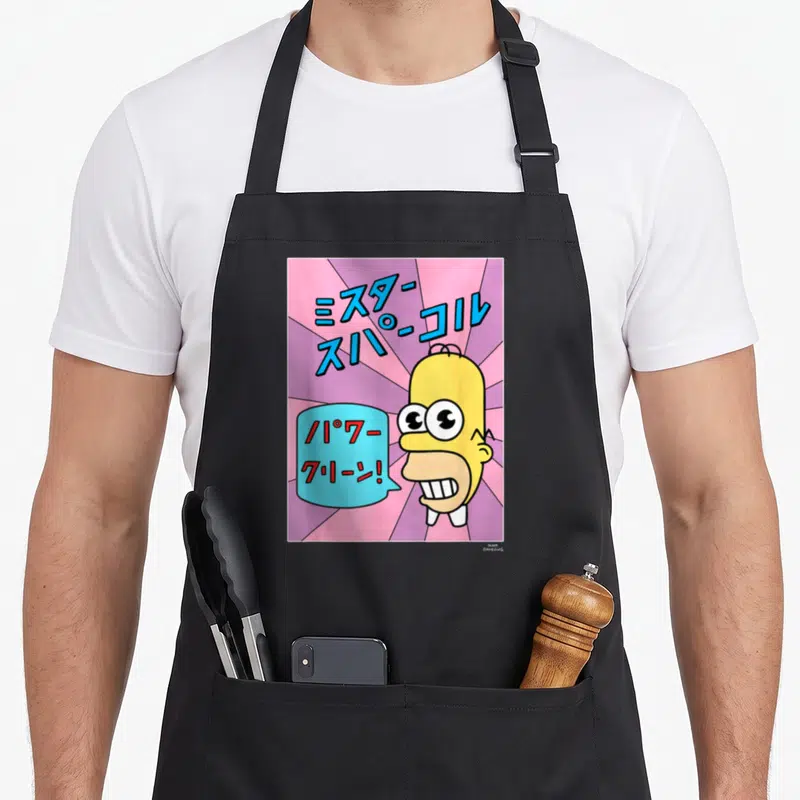 Homer mr apron - Yellow cartoon head next to blue and red Japanese text on pink sunburst background — shown on a black cotton canvas apron against a white background