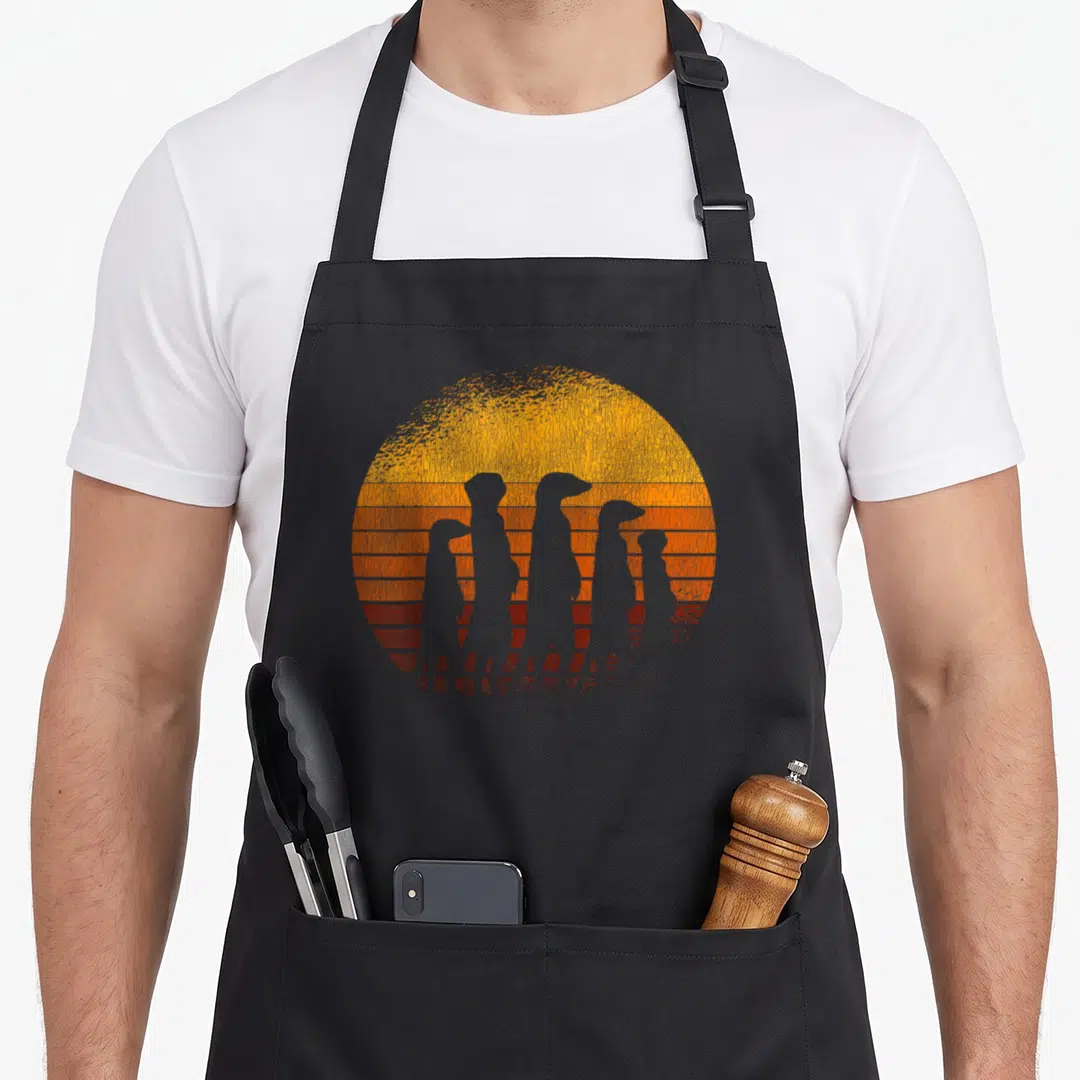 Squad meerkat apron - Five grey meerkat silhouettes in front of a striped orange and yellow retro sun — shown on a black cotton canvas apron against a white background