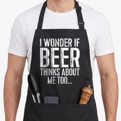 Wonder beer apron - White distressed typography reading I wonder if beer thinks about me too on grey background — shown on a black cotton canvas apron against a white background