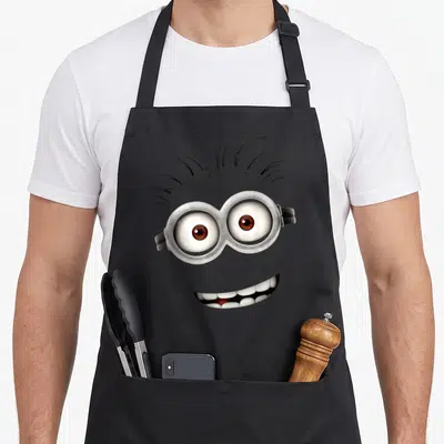 Despicable face apron - Scattered minion face with silver goggles, brown eyes, and white teeth on grey background — shown on a black cotton canvas apron against a white background