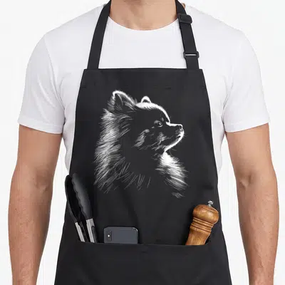 Pomeranian silhouette dog apron - White line-art sketch of a fluffy Pomeranian dog head in profile view — shown on a black cotton canvas apron against a white background