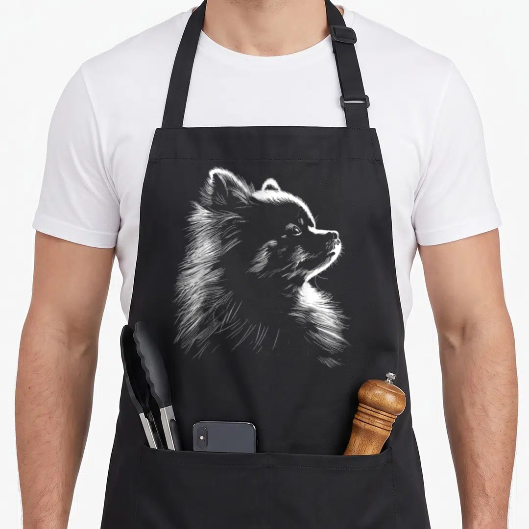 Pomeranian silhouette dog apron - White line-art sketch of a fluffy Pomeranian dog head in profile view — shown on a black cotton canvas apron against a white background