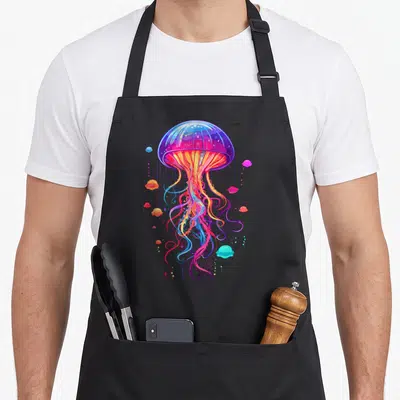 Jellyfish fish apron - Cartoon jellyfish in purple blue pink and orange with small bubbles — shown on a black cotton canvas apron against a white background