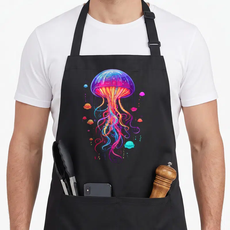 Jellyfish fish apron - Cartoon jellyfish in purple blue pink and orange with small bubbles — shown on a black cotton canvas apron against a white background