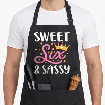 Six birthday sassy apron - Sweet Six Sassy text with orange crown and pink stars — shown on a black cotton canvas apron against a white background