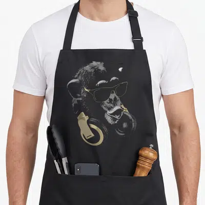Store animal apron - Grey monkey head with gold sunglasses and headphones on black apron — shown on a black cotton canvas apron against a white background