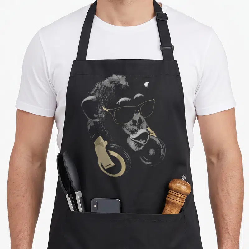 Store animal apron - Grey monkey head with gold sunglasses and headphones on black apron — shown on a black cotton canvas apron against a white background