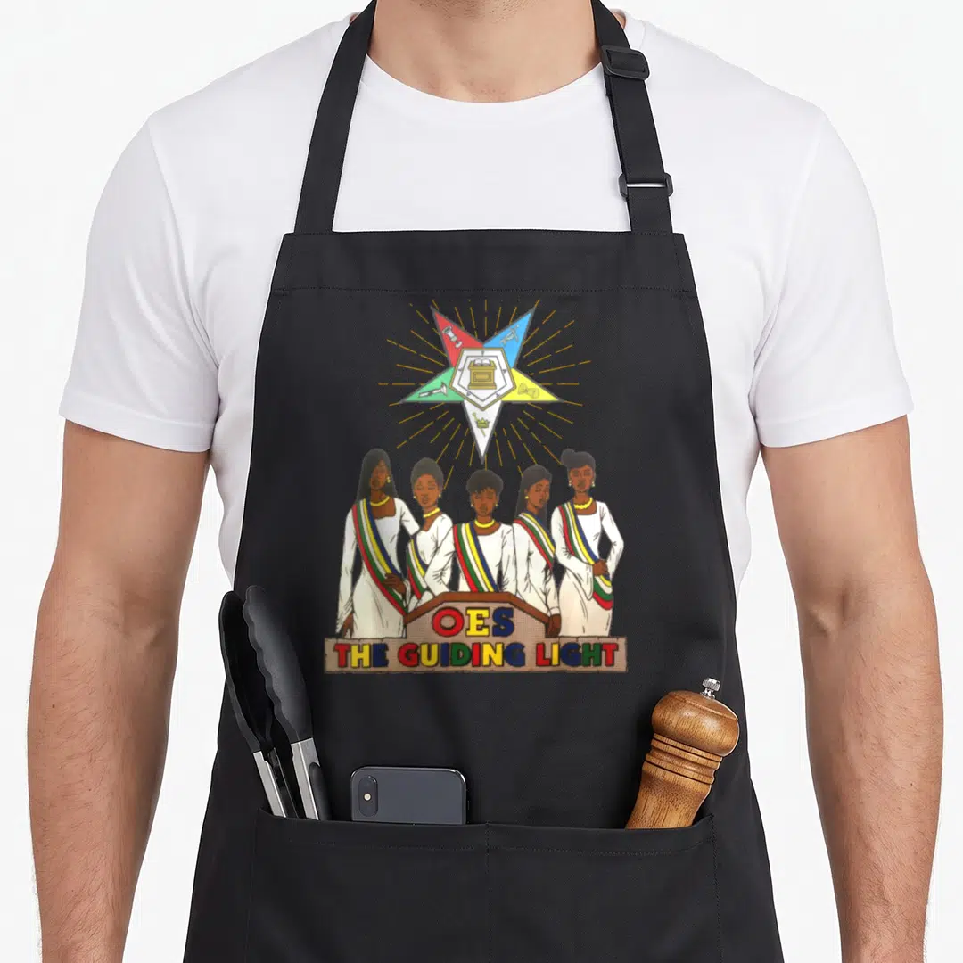 Sisterhood oes apron - Five women in white robes with sashes under a red blue yellow green star above OES text — shown on a black cotton canvas apron against a white background