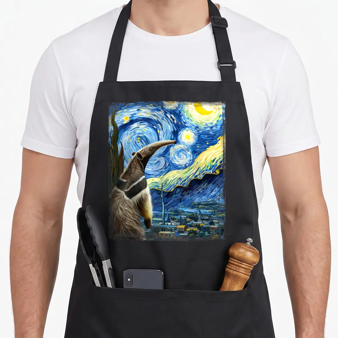 Post artistic apron - Brown anteater looking up at swirling blue and yellow starry night sky with moon and village below — shown on a black cotton canvas apron against a white background
