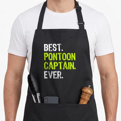 Pontoon captain boat apron - Stacked text BEST PONTOON CAPTAIN EVER in white and lime green distressed font — shown on a black cotton canvas apron against a white background
