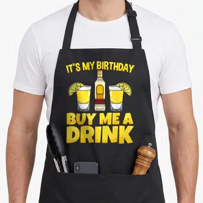 Drink birthday apron - Cartoon bottle and two shot glasses with lime slices under arched yellow text reading IT'S MY — shown on a black cotton canvas apron against a white background