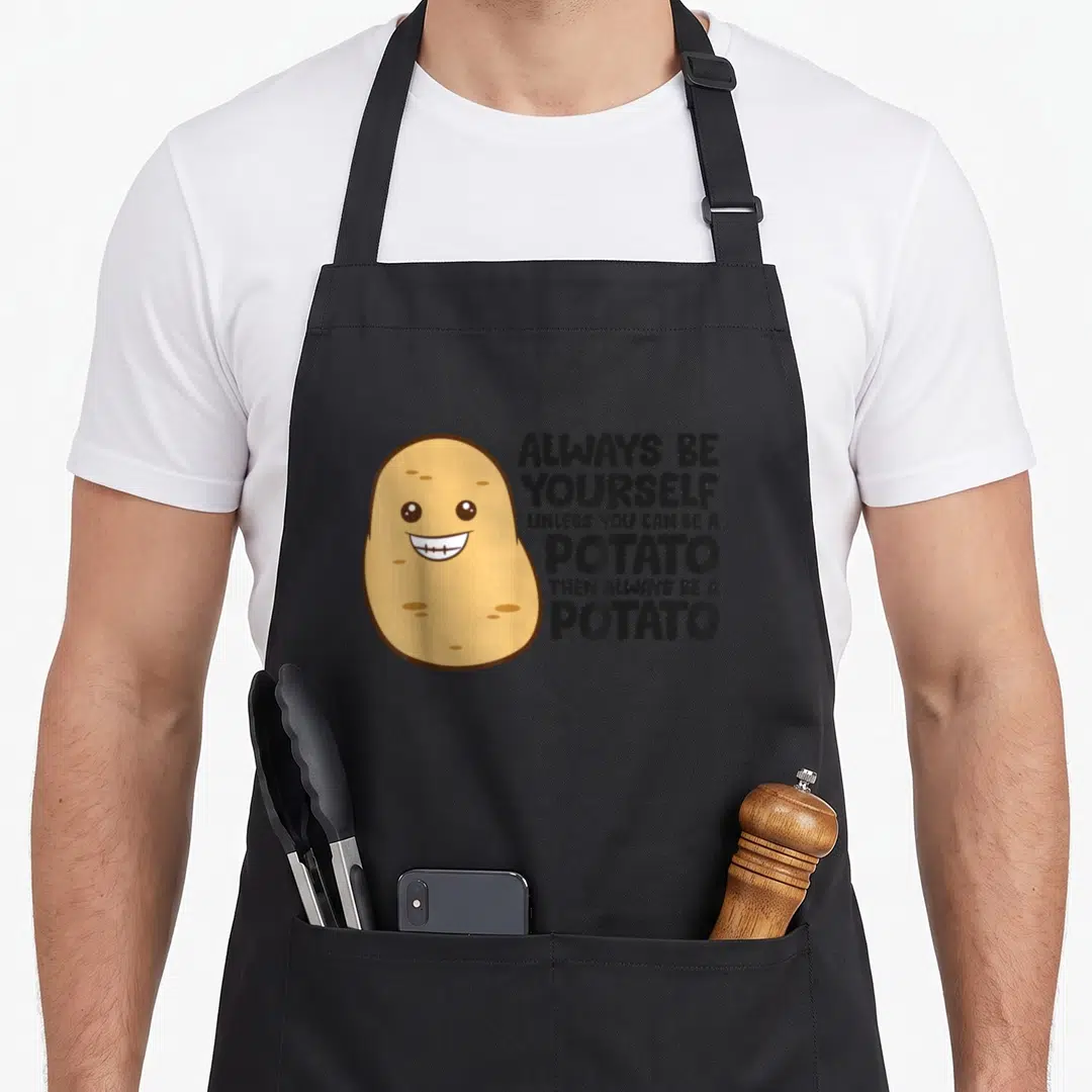 Alway potato apron - Cartoon tan potato smiling next to stacked dark grey text about being a potato — shown on a black cotton canvas apron against a white background