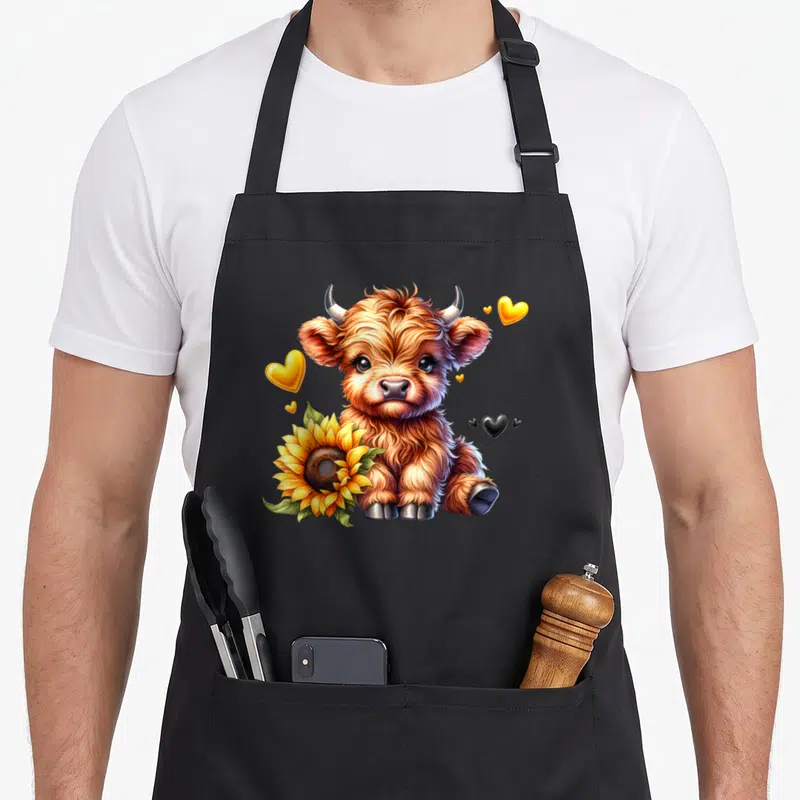 Cute sunflower highland cow apron - Fluffy brown calf sitting next to a yellow sunflower with scattered yellow — shown on a black cotton canvas apron against a white background