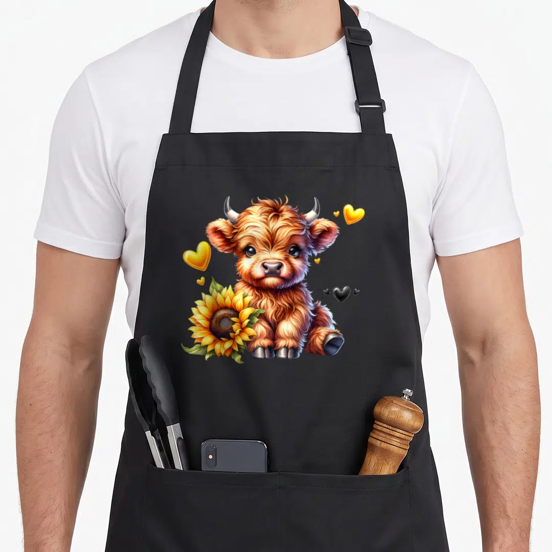 Cute sunflower highland cow apron - Fluffy brown calf sitting next to a yellow sunflower with scattered yellow — shown on a black cotton canvas apron against a white background