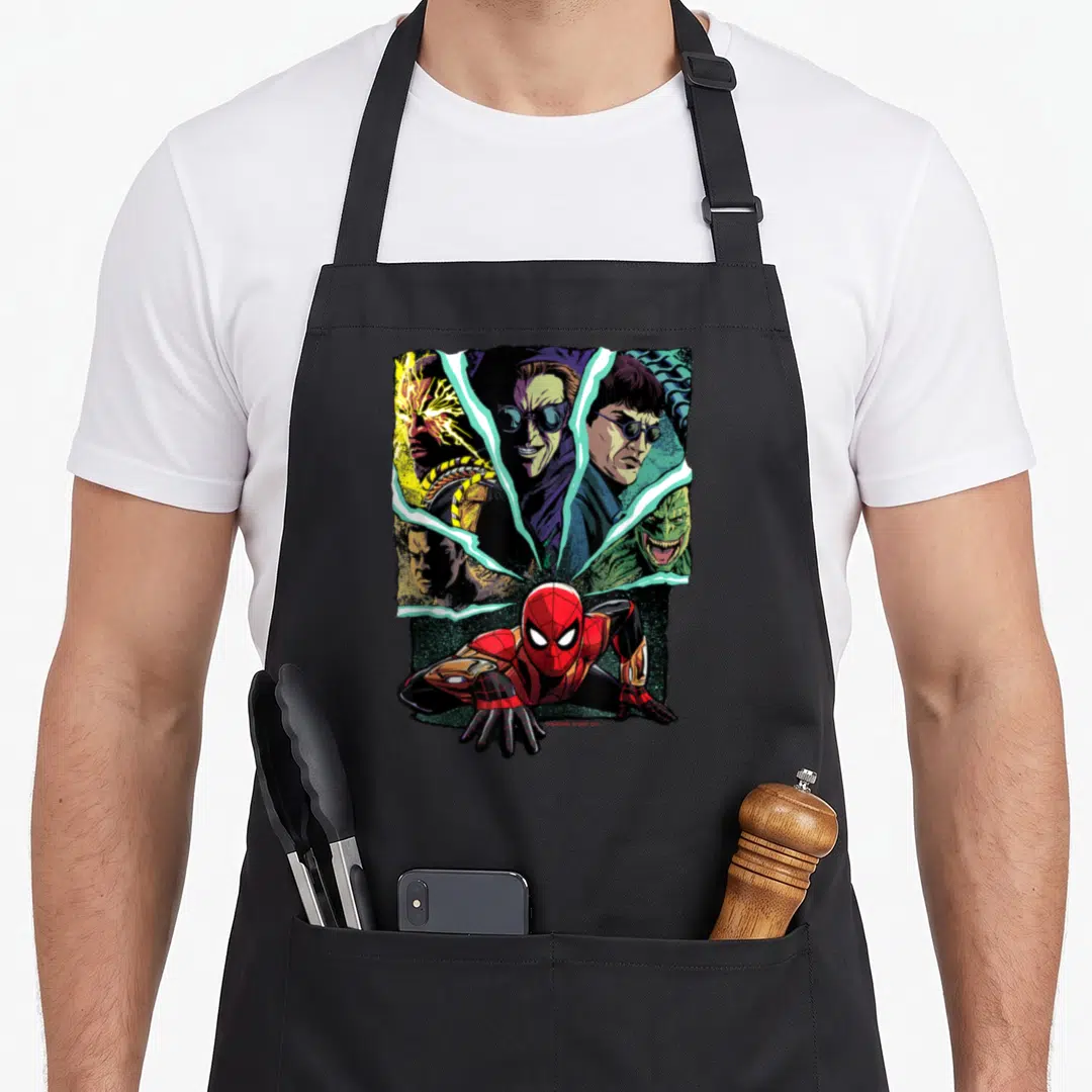 Way goblin apron - Spider-Man crouching in red suit with four villain faces in background shards of green, yellow — shown on a black cotton canvas apron against a white background
