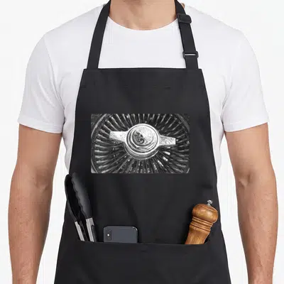 Spoke wire apron - Black and white photo of a wire wheel hub with engraved spinner bars — shown on a black cotton canvas apron against a white background
