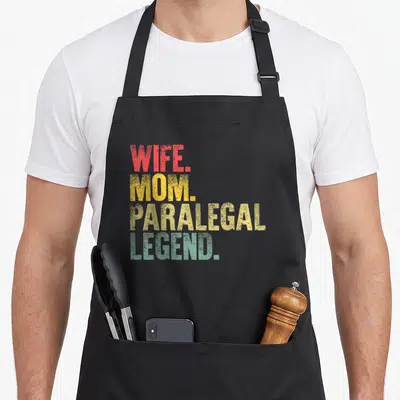 Paralegal mother's apron - Stacked WIFE MOM PARALEGAL LEGEND text in red yellow gold and green — shown on a black cotton canvas apron against a white background