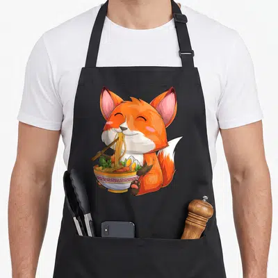 Food kawaii aprons - Cartoon fox eating ramen noodles from a bowl using chopsticks in orange and white — shown on a black cotton canvas apron against a white background