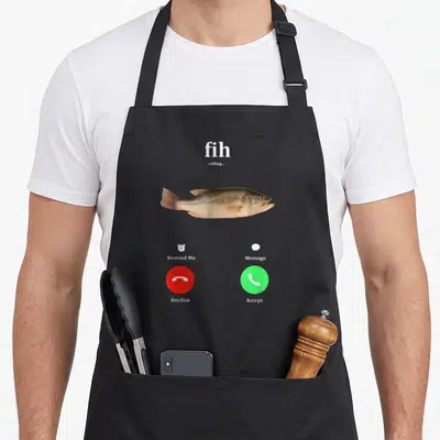 Calling fish apron - Smartphone call screen with brown fish, red decline button, green accept button, and white text — shown on a black cotton canvas apron against a white background