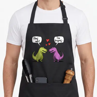 Rex couple apron - Green and purple dinosaurs with speech bubbles saying Hug me and I'm trying surrounded by red hearts — shown on a black cotton canvas apron against a white background