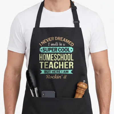 Homeschool appreciation teacher apron - Stacked typography with teal banner reading I NEVER DREAMED I would be a SUPER — shown on a black cotton canvas apron against a white background