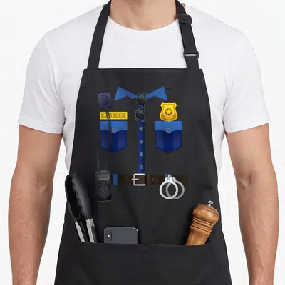 Policeman halloween apron - Cartoon police uniform with badge, POLICE tag, sunglasses, radio, and handcuffs on blue — shown on a black cotton canvas apron against a white background