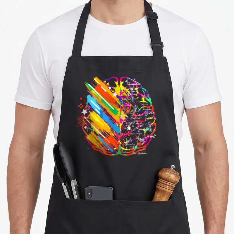 Brain painter apron - Stylized brain with paint strokes on one side and math equations including E=mc² on the other — shown on a black cotton canvas apron against a white background