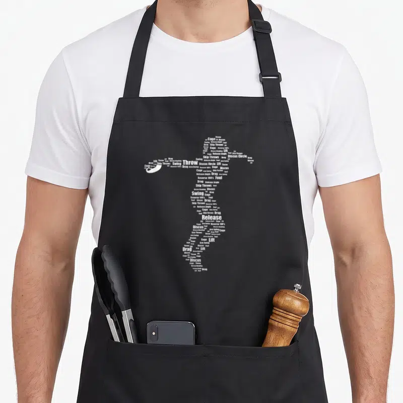 Technique throwers apron - White typographic silhouette of a discus thrower formed by words like swing, release angle — shown on a black cotton canvas apron against a white background
