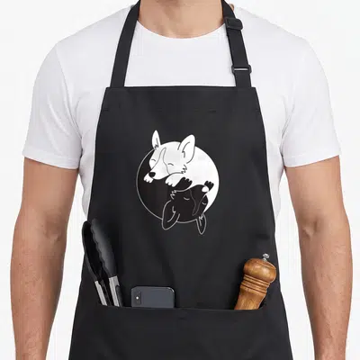 Yin corgi aprons - Two corgis curled in a yin-yang circle, one white and one black, minimalist style — shown on a black cotton canvas apron against a white background