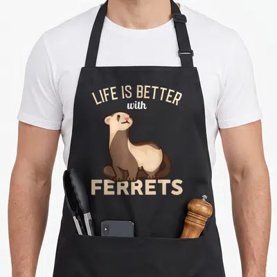 Better best ferret apron - Cartoon brown and white ferret with arched beige text LIFE IS BETTER WITH FERRETS — shown on a black cotton canvas apron against a white background