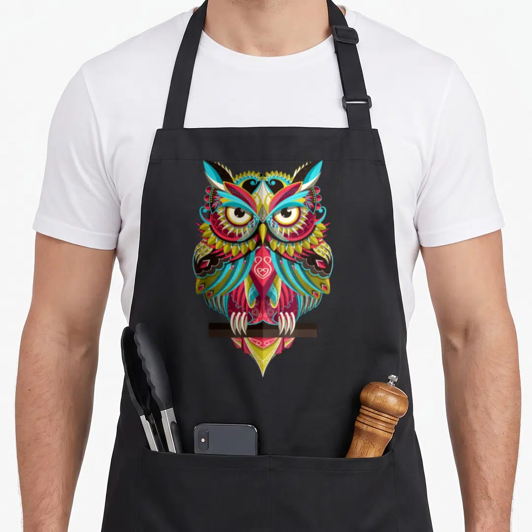 Illustration owl apron - Colorful geometric owl perched on dark brown branch with blue red yellow green pink feathers — shown on a black cotton canvas apron against a white background