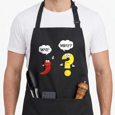 Wait english teacher apron - Red chili pepper and yellow question mark cartoon characters with speech bubbles reading — shown on a black cotton canvas apron against a white background