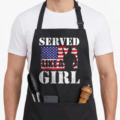 Served afghanistan apron - Distressed flag with grey soldier silhouette and SERVED LIKE A GIRL text — shown on a black cotton canvas apron against a white background