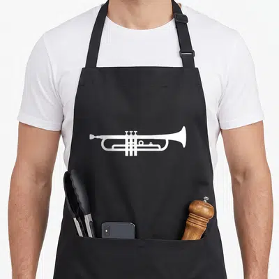 Funny trumpet apron - Minimalist white trumpet silhouette centered on grey background — shown on a black cotton canvas apron against a white background