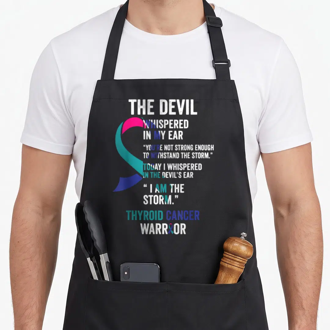Thyroid devil's apron - Stacked white pink teal and blue text reading thyroid cancer warrior with awareness ribbon — shown on a black cotton canvas apron against a white background