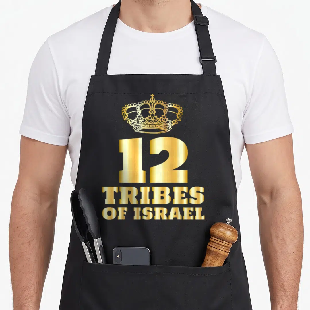 Tribe hebrew aprons - Gold crown above 12 TRIBES OF ISRAEL text in minimalist style — shown on a black cotton canvas apron against a white background