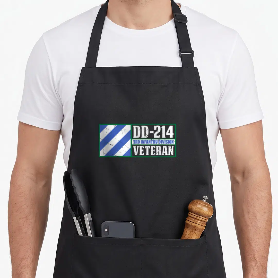 3rd militarytee apron - Green bordered rectangle with blue white stripes and DD-214 3rd Infantry Division Veteran text — shown on a black cotton canvas apron against a white background