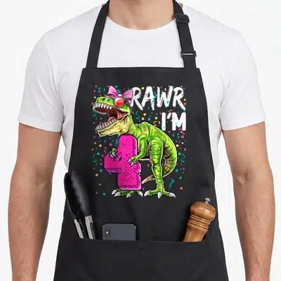 Rawr 4th dinosaur apron - Green T-Rex wearing pink bow and sunglasses holding pink number 4 surrounded by confetti — shown on a black cotton canvas apron against a white background