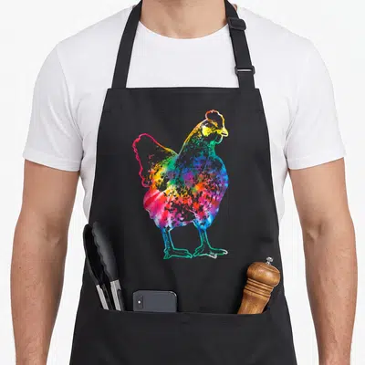 Chicken hippie apron - Multicolored tie-dye chicken in red blue yellow green purple vintage style — shown on a black cotton canvas apron against a white background