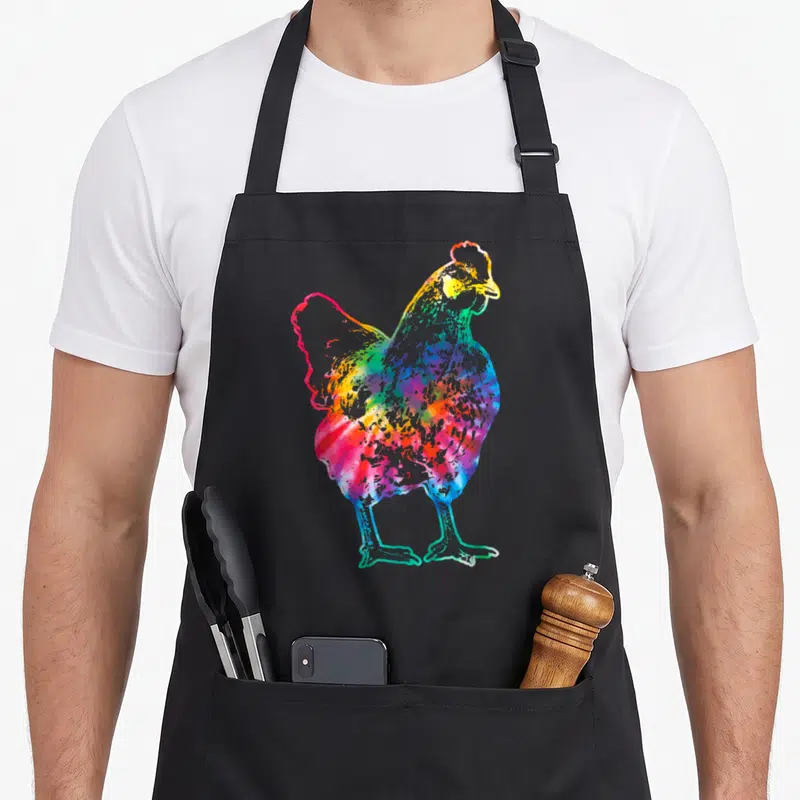 Chicken hippie apron - Multicolored tie-dye chicken in red blue yellow green purple vintage style — shown on a black cotton canvas apron against a white background